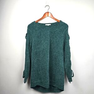 GIBSON LATIMER Chunky Knit Sweater Holiday Green Feminine Tie Up Sleeves Women M